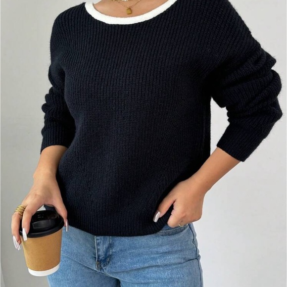 Chic Black Knit Sweater with White Trim - Picture 1 of 2